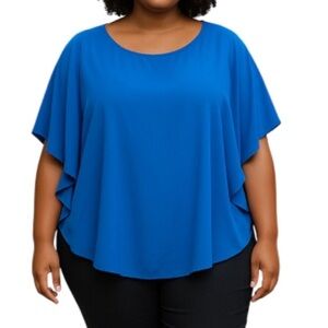 SUZY SHIER Plus Plisse Butterfly Sleeve Blouse Top True Blue Lined Semi Sheer 2X